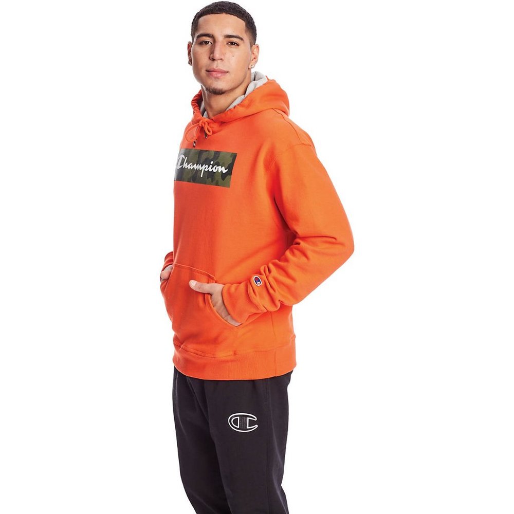 Champion Powerblend Fleece Camo Camouflage Orange Hoodie Sweatshirt Script Logo - Picture 6 of 15